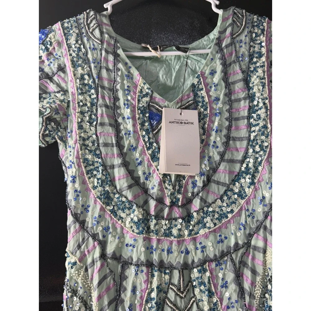 Antik Batik Mint Green Beaded Sequin Mini Dress V-Neck Boho Short Sleeve - Picture 8 of 12